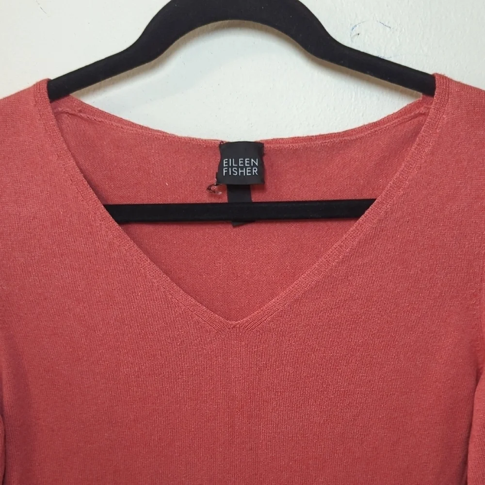 Eileen Fisher Silk Cashmere Sweater Deep Coral Pink Tunic V-neck Women's Size L